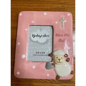 Babycakes Pink Lamb Cross Bless This Baby Picture Frame  2.5 x 3.5 glass New
